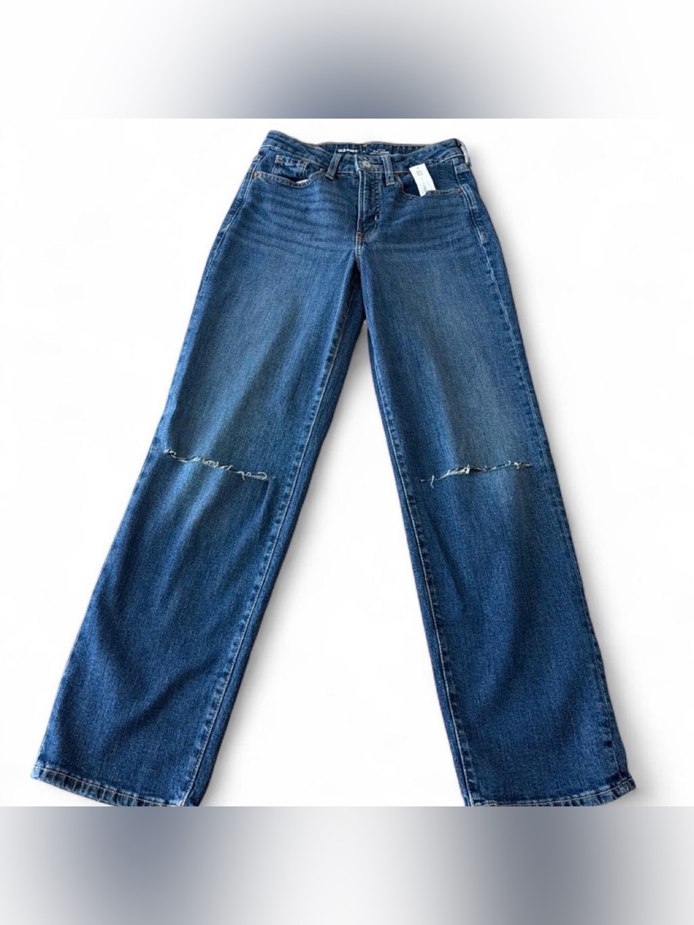 Old Navy Women's Wide-Leg Jeans in Dark Blue with Knee Distressing o.g loose